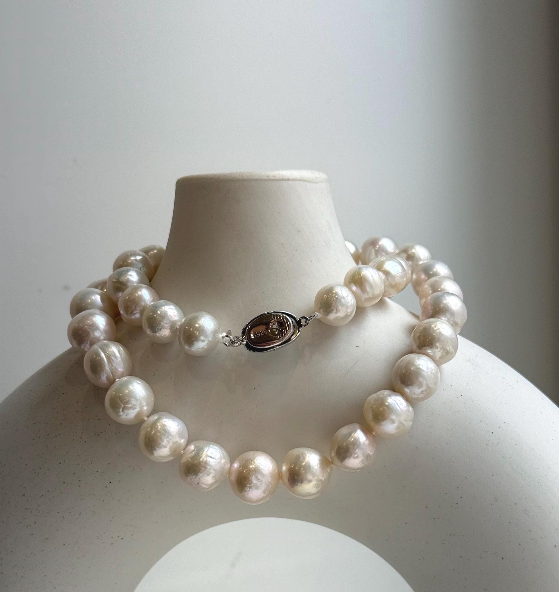 Elly’s 41pcs ivory Pop Crinkle Edison Pearls Necklace Strand: Extreme luster, 9.2-11.4mm, 17.5”, S925 silver necklace. gift for her Mother’s Day