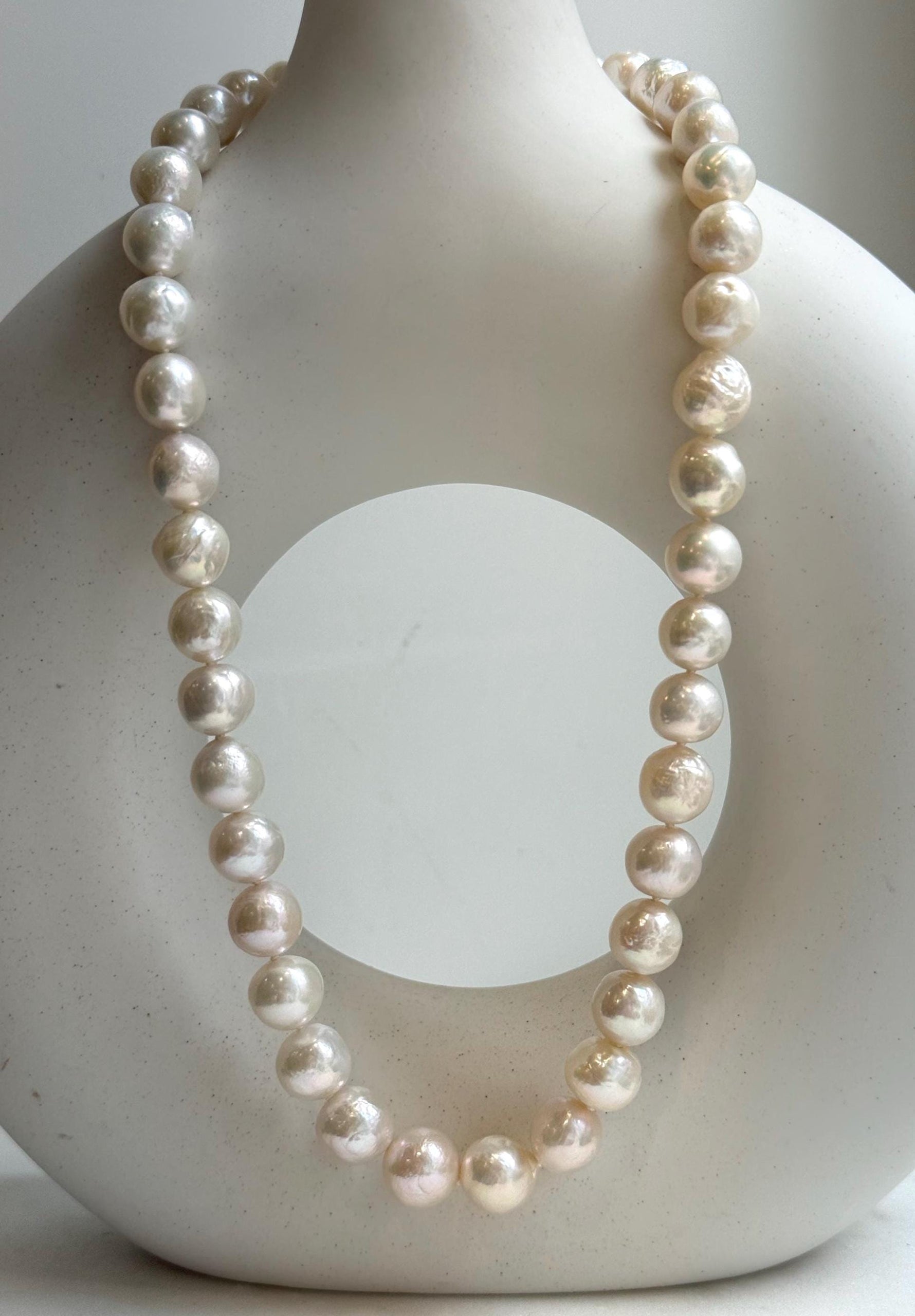 Elly’s 41pcs ivory Pop Crinkle Edison Pearls Necklace Strand: Extreme luster, 9.2-11.4mm, 17.5”, S925 silver necklace. gift for her Mother’s Day holiday