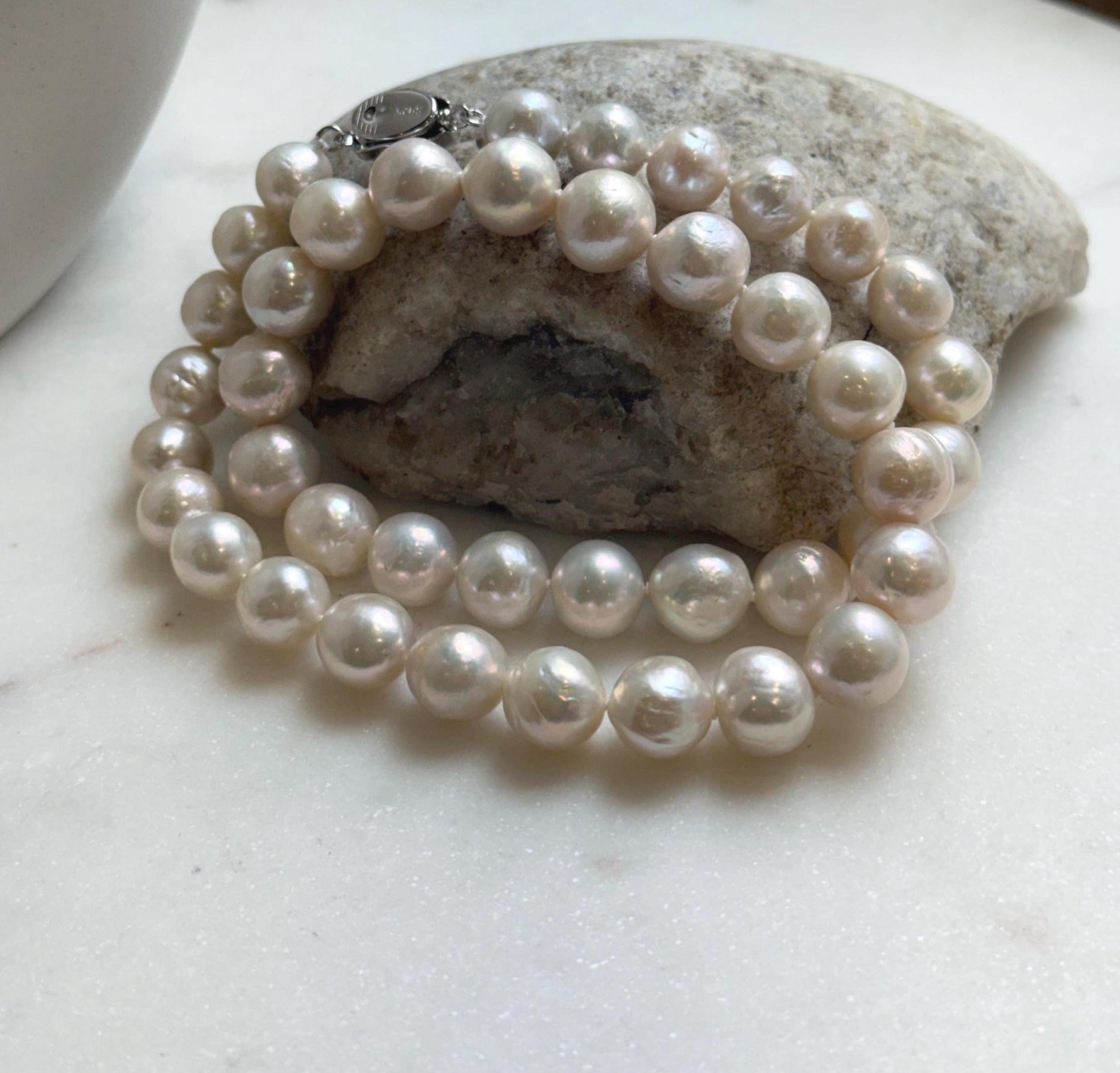 Elly’s 41pcs ivory Pop Crinkle Edison Pearls Necklace Strand: Extreme luster, 9.2-11.4mm, 17.5”, S925 silver necklace. gift for her Mother’s Day