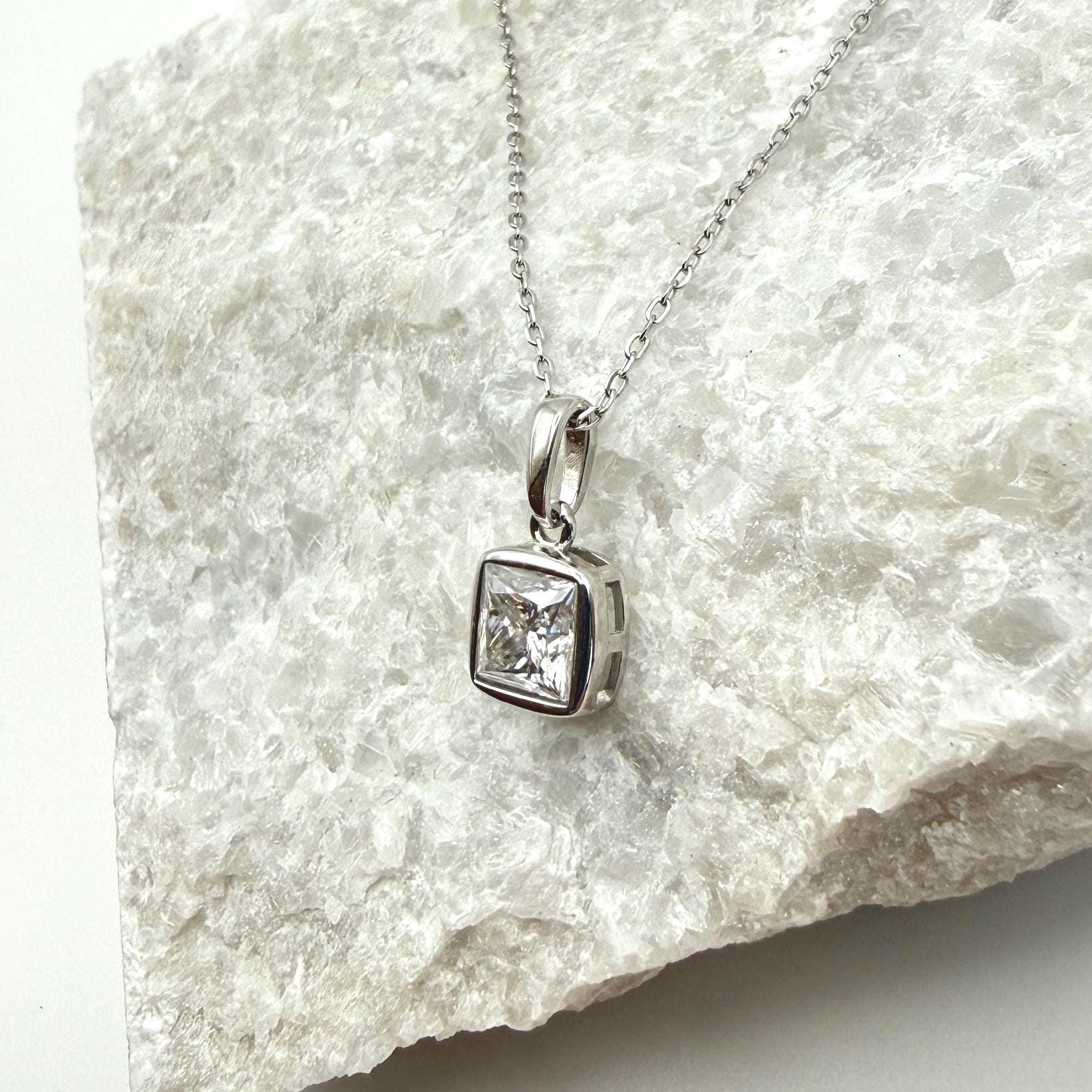 Bezel Princess Cut Moissanite Necklace | 1.2 CT D/VVS1 Flawless Brilliant Cut Moissanite Minimalist Pendant | Solid S925 Silver Jewelry