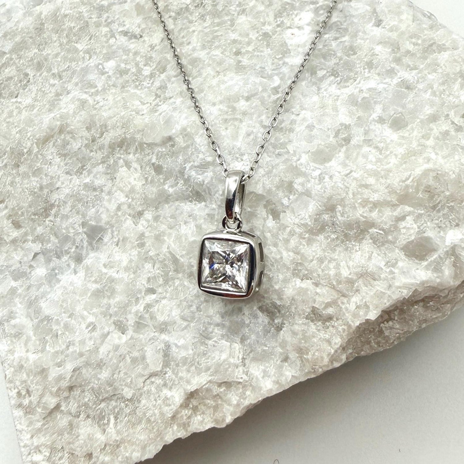 Bezel Princess Cut Moissanite Necklace | 1.2 CT D/VVS1 Flawless Brilliant Cut Moissanite Minimalist Pendant | Solid S925 Silver Jewelry