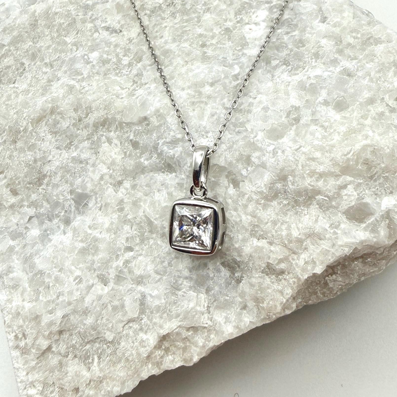 Bezel Princess Cut Moissanite Necklace | 1.2 CT D/VVS1 Flawless Brilliant Cut Moissanite Minimalist Pendant | Solid S925 Silver Jewelry