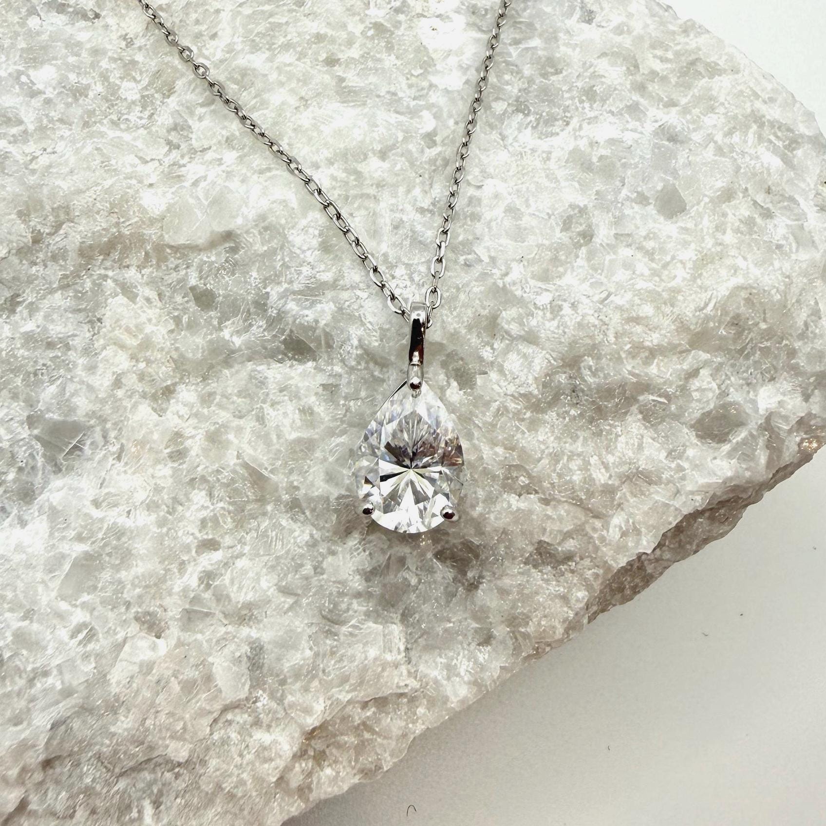 Teardrop Moissanite 3-Prong Necklace | 2.0 CT D/VVS1 Flawless Pear Cut Moissanite Solitaire Pendant | Solid S925 Silver Minimalist Jewelry