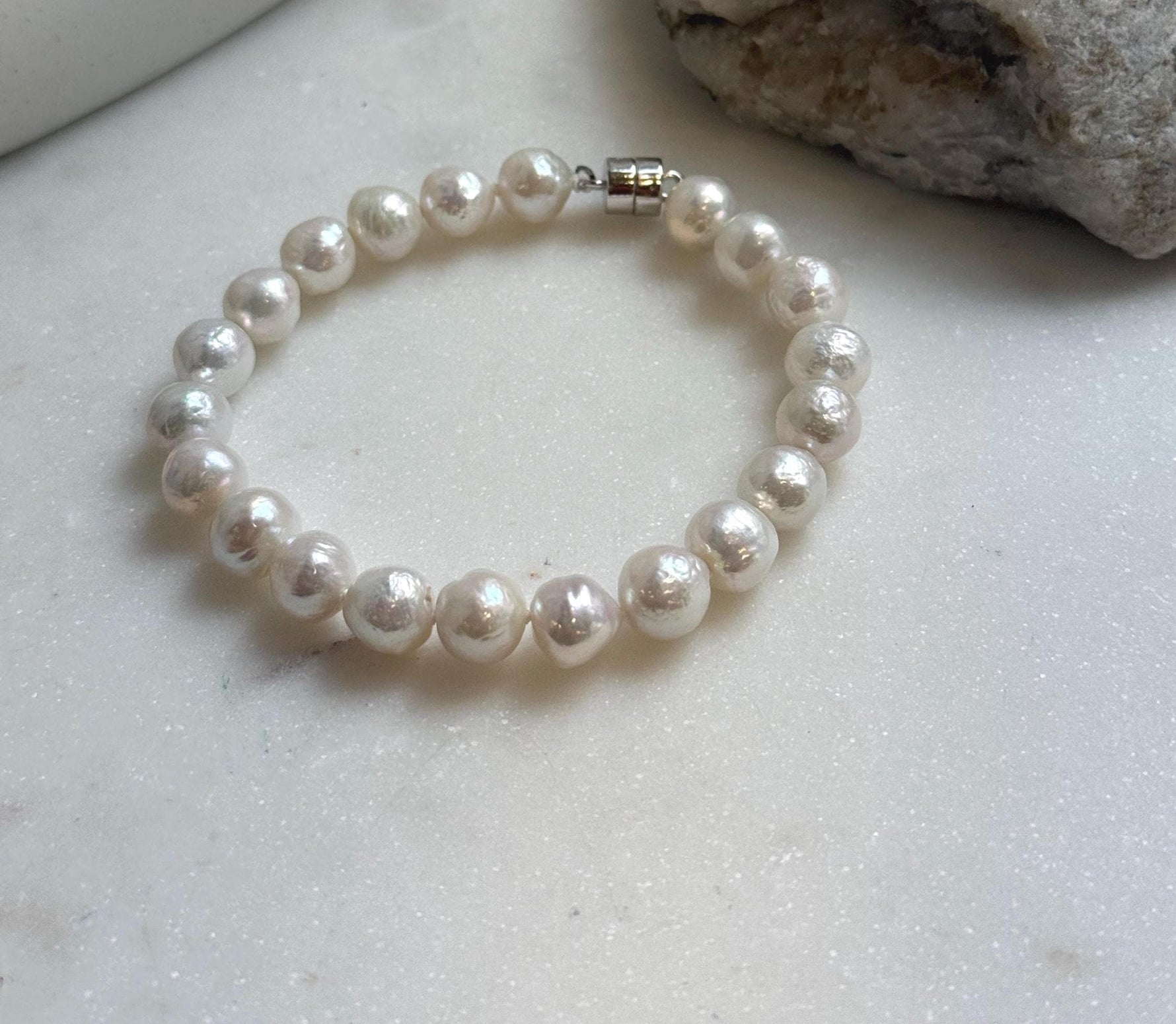 Elly’s 7.9-8.4mm Natural White Pop Crinkle Pearls Bracelet: Extreme luster mirrored, knotted, S925 silver Bracelet. high quality white pearls bracely for her anniversary