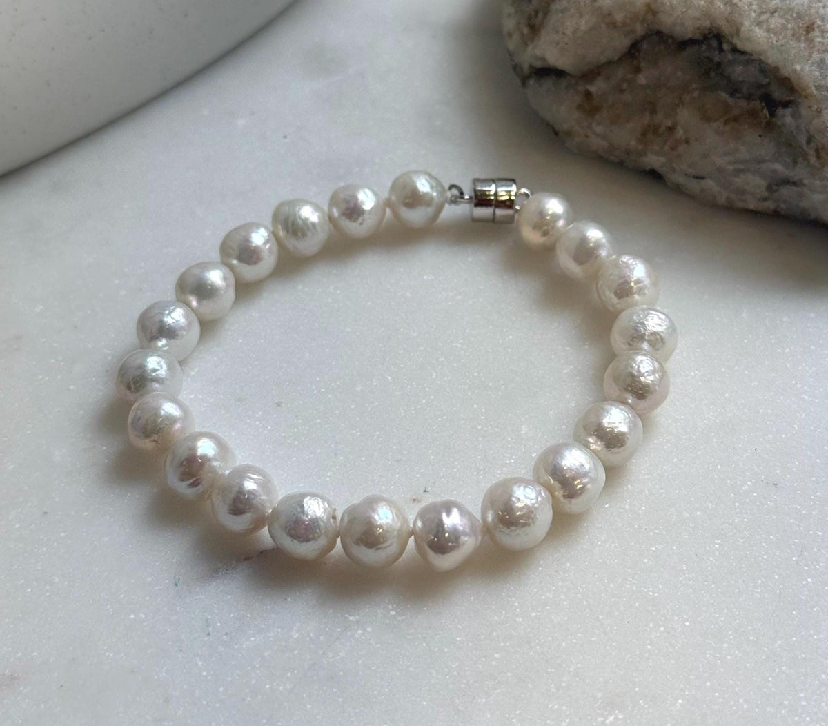 Elly’s 7.9-8.4mm Natural White Pop Crinkle Pearls Bracelet: Extreme luster mirrored, knotted, S925 silver Bracelet. high quality white pearls bracely for her daily office wear