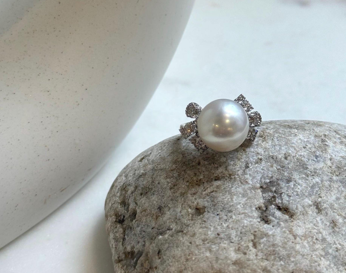 Elly’s 12.3mm Australian ocean white pearl Ring: Extreme luster mirrored, S925 silver adjustable Floral Ring.