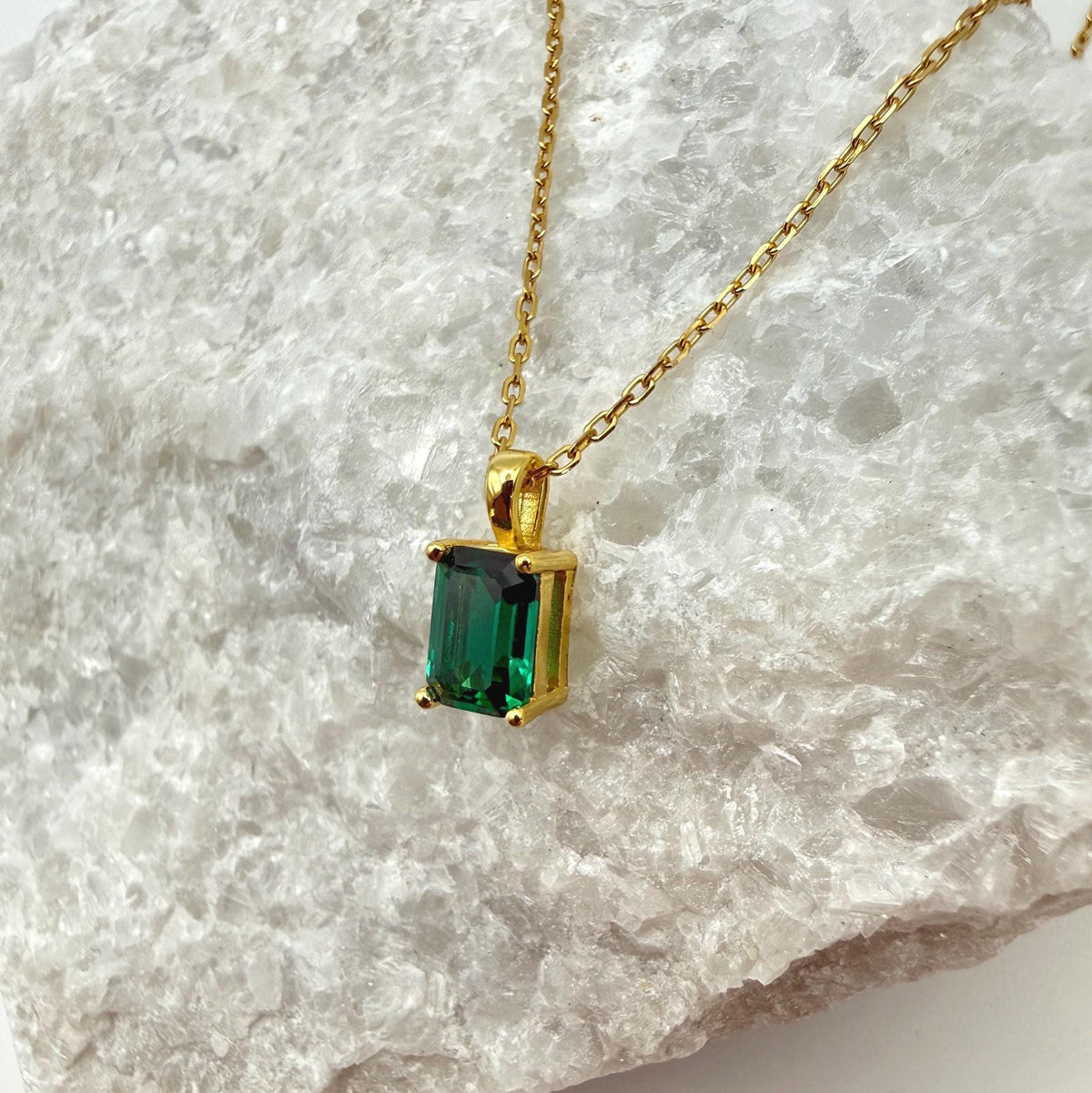 Emerald Cut Hydrothermal Emerald Necklace | 1.0 CT Lab Emerald 4-Prong Solitaire Pendant | Solid S925 Silver Minimalist Jewelry