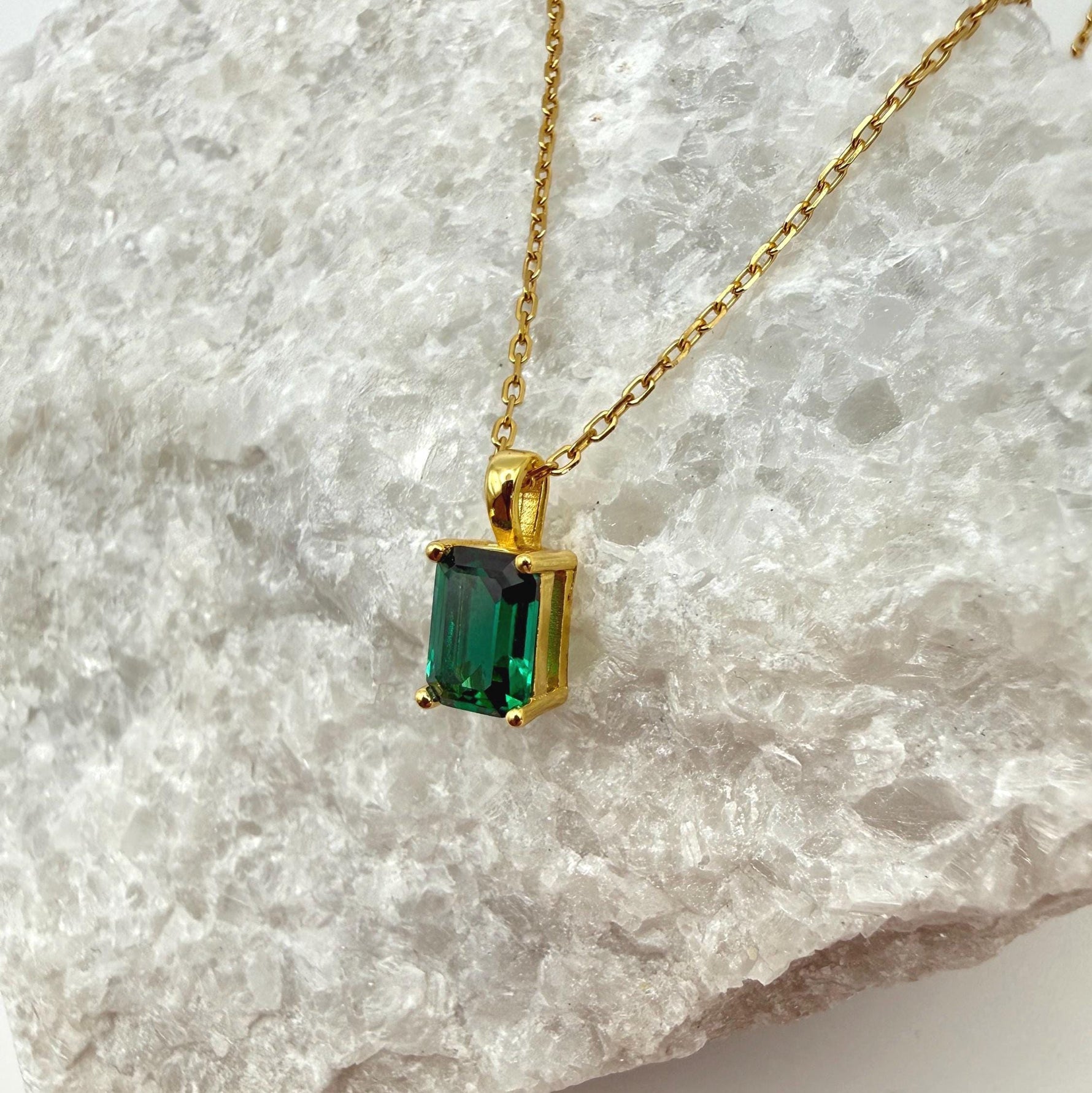 Emerald Cut Hydrothermal Emerald Necklace | 1.0 CT Lab Emerald 4-Prong Solitaire Pendant | Solid S925 Silver Minimalist Jewelry