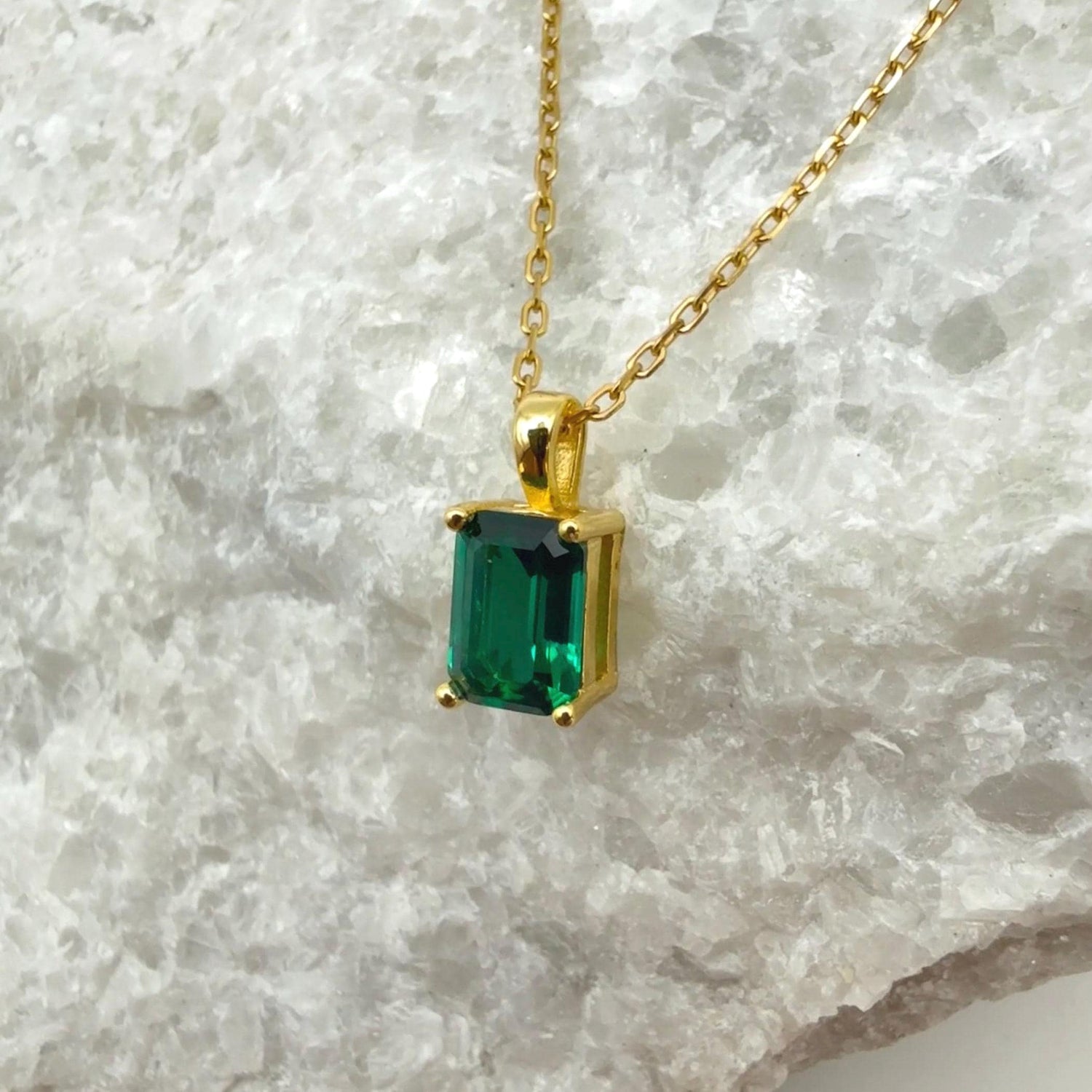 Emerald Cut Hydrothermal Emerald Necklace | 1.0 CT Lab Emerald 4-Prong Solitaire Pendant | Solid S925 Silver Minimalist Jewelry