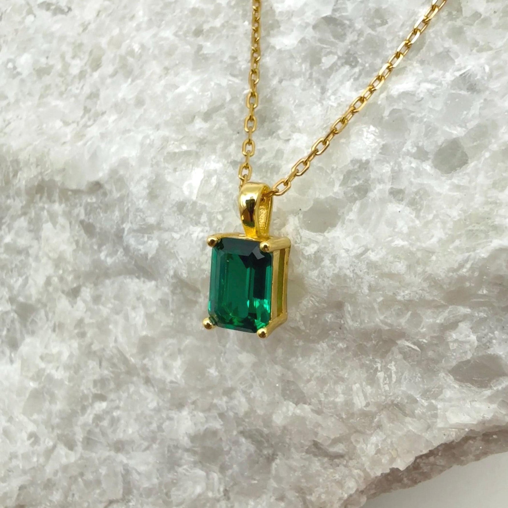 Emerald Cut Hydrothermal Emerald Necklace | 1.0 CT Lab Emerald 4-Prong Solitaire Pendant | Solid S925 Silver Minimalist Jewelry