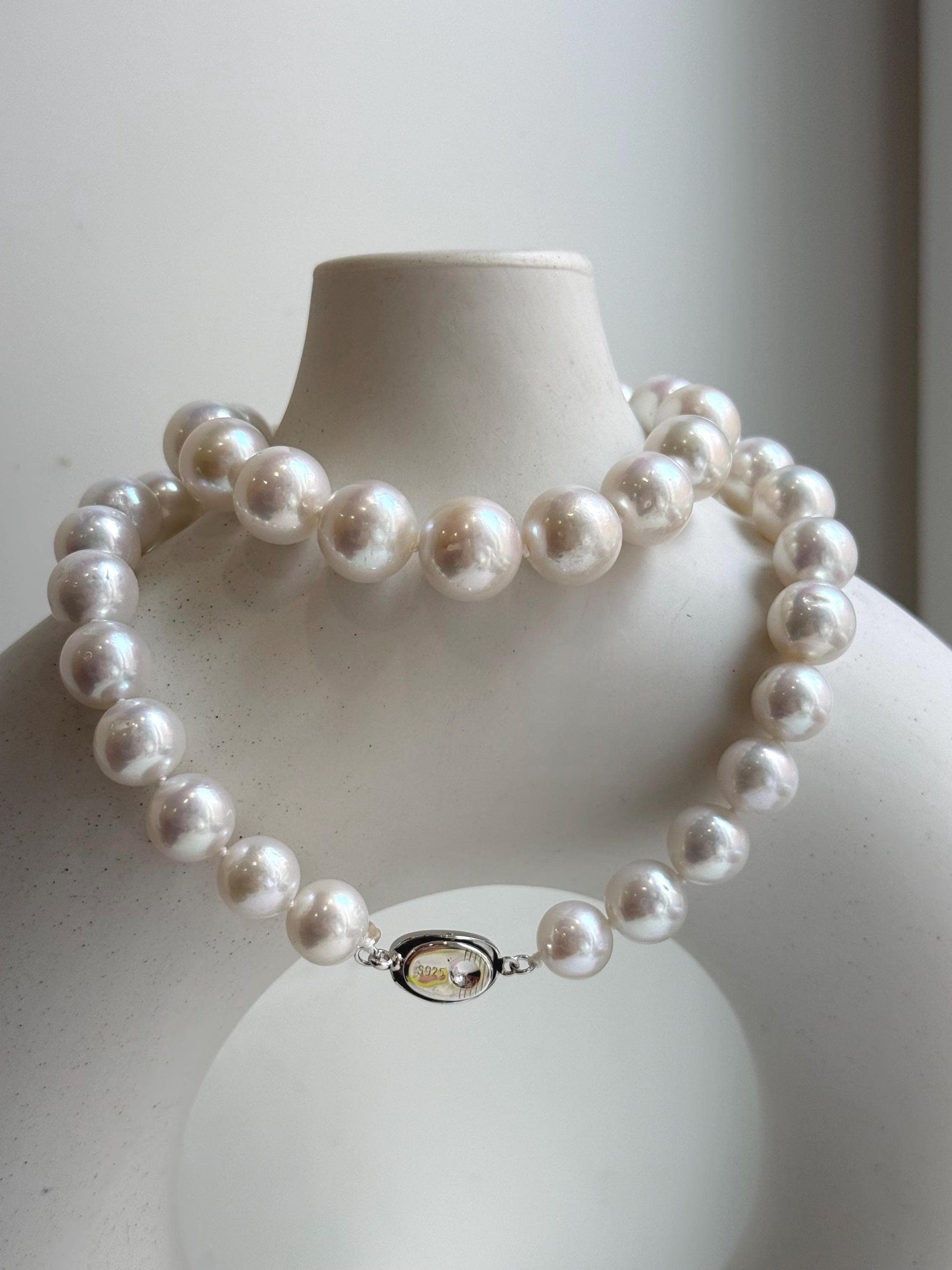 Elly’s 43pcs White Edison Pearls Necklace Strand: Extreme luster, 9.2-12mm, 19.3”, S925 silver necklace.