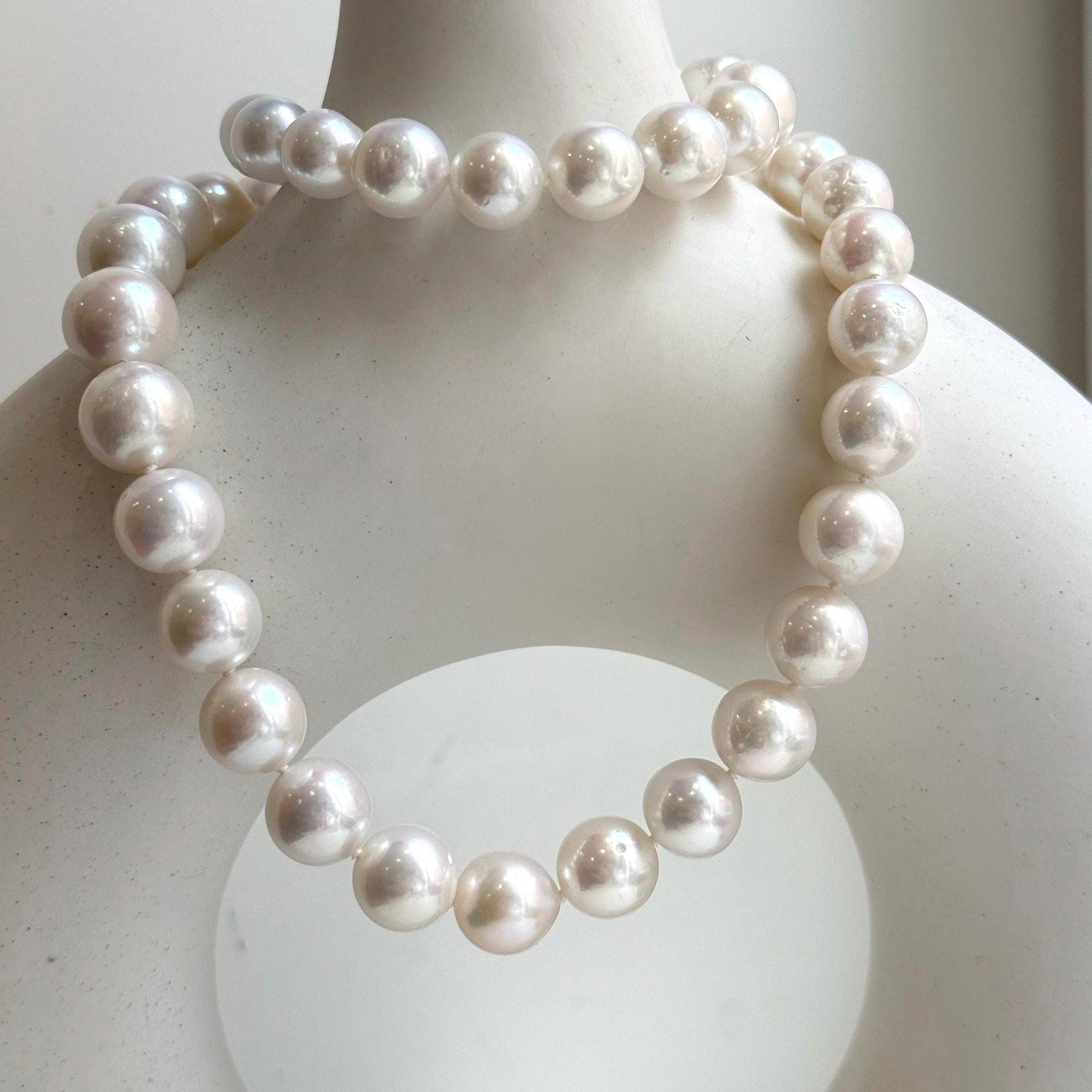 Elly’s 43pcs White Edison Pearls Necklace Strand: Extreme luster, 9.2-12mm, 19.3”, S925 silver necklace.