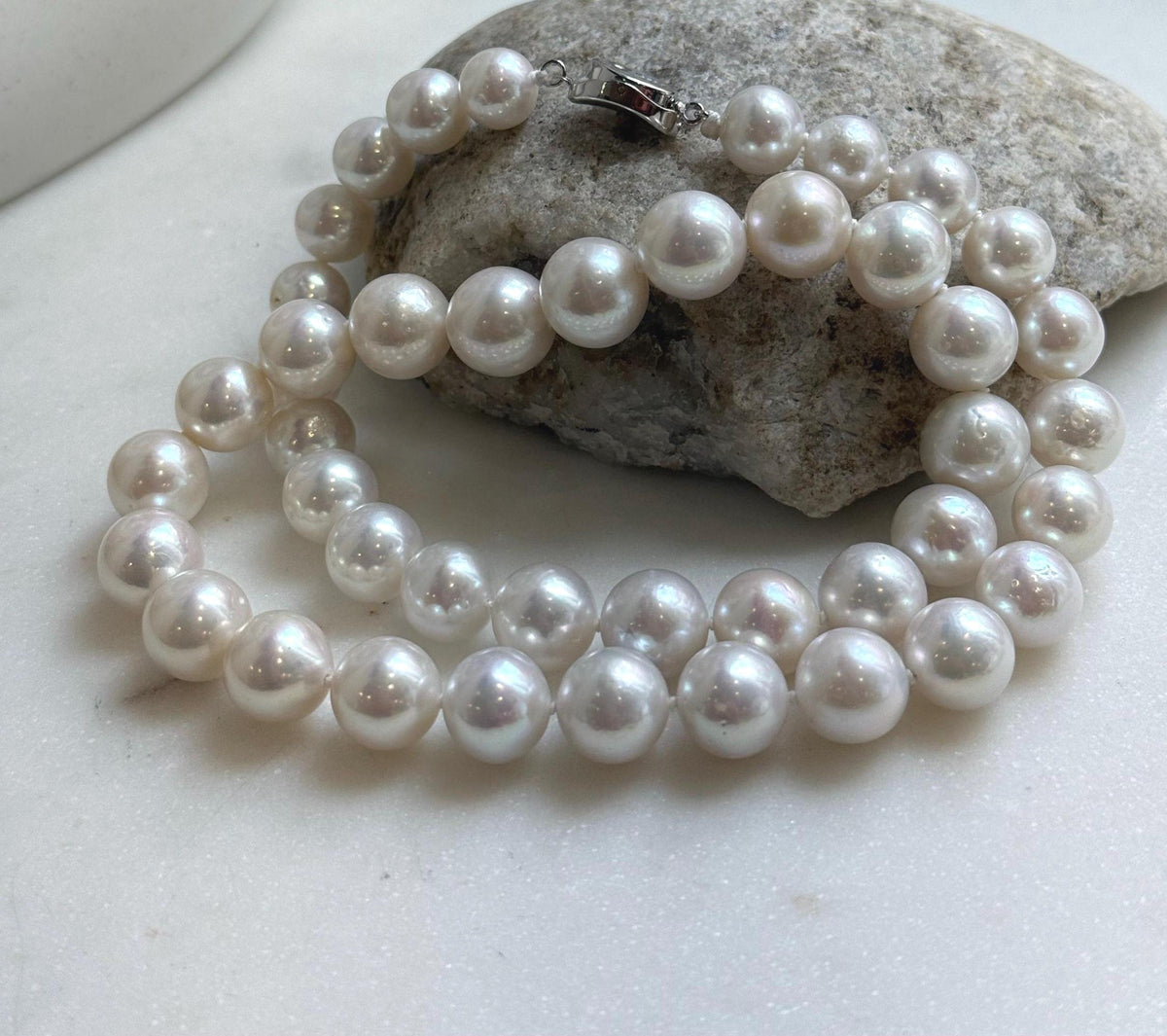 Elly’s 43pcs White Edison Pearls Necklace Strand: Extreme luster, 9.2-12mm, 19.3”, S925 silver necklace. daily office Edison white pearls necklace strand for her anniversary