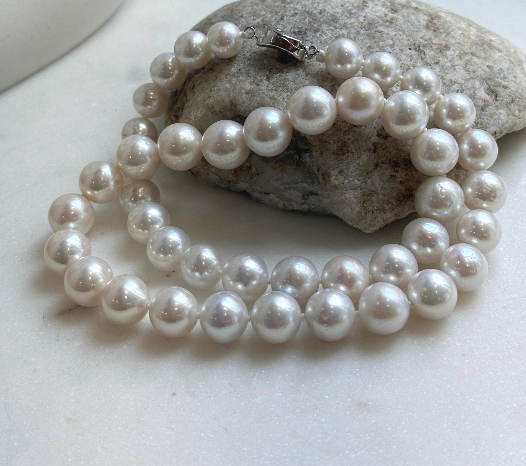 Elly’s 43pcs White Edison Pearls Necklace Strand: Extreme luster, 9.2-12mm, 19.3”, S925 silver necklace. daily office Edison white pearls necklace strand for her anniversary