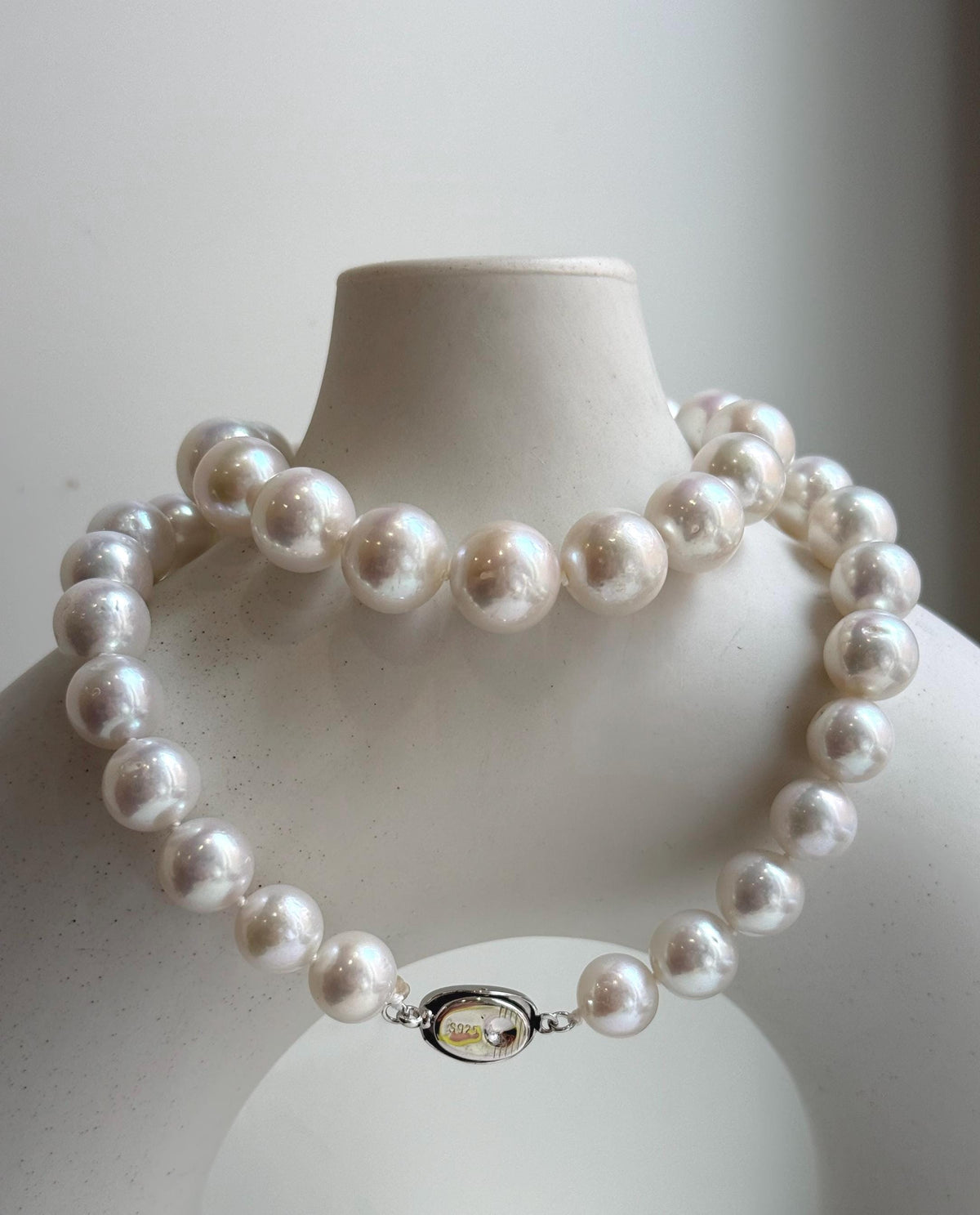 Elly’s 43pcs White Edison Pearls Necklace Strand: Extreme luster, 9.2-12mm, 19.3”, S925 silver necklace. daily office Edison white pearls necklace strand for her statement