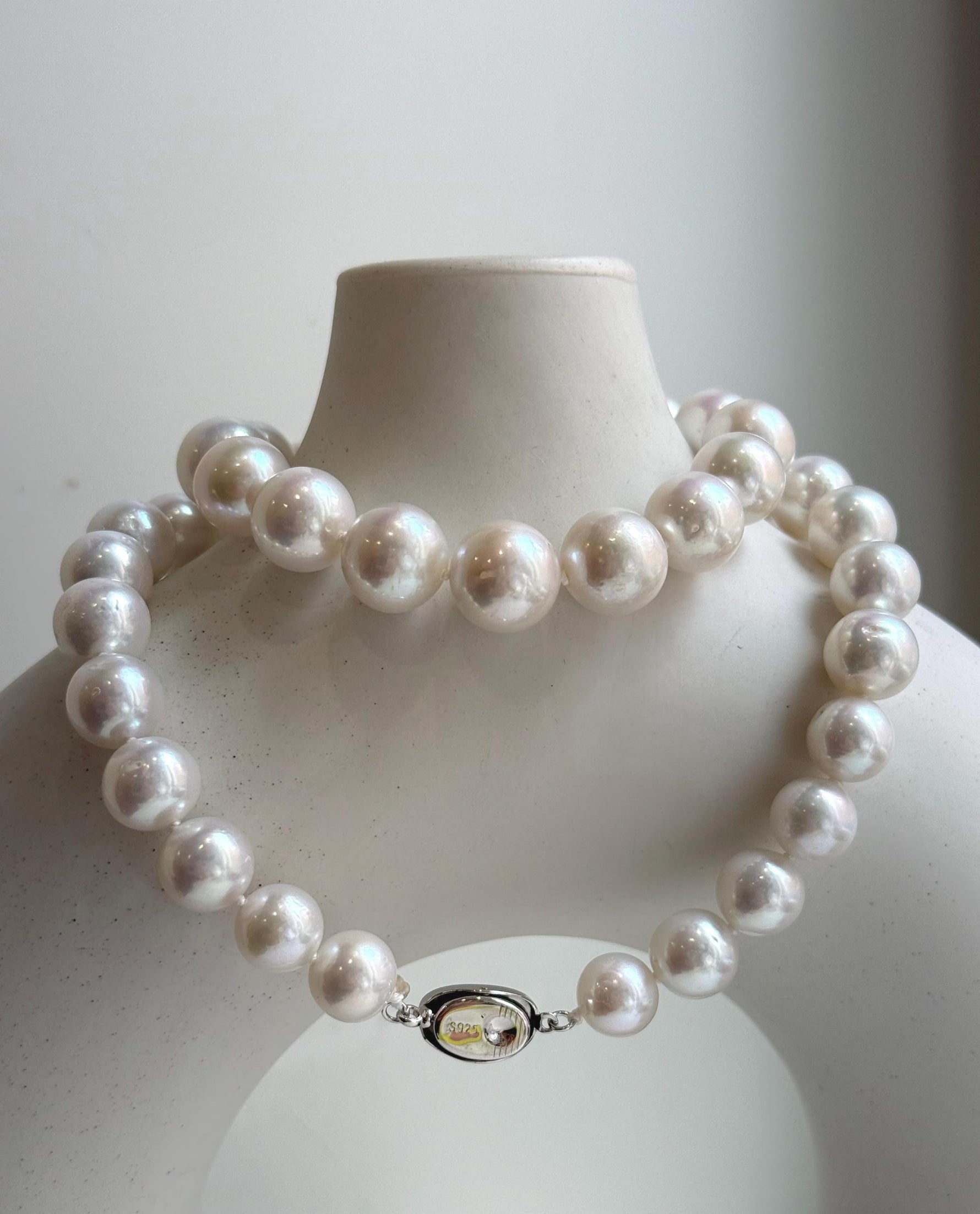 Elly’s 43pcs White Edison Pearls Necklace Strand: Extreme luster, 9.2-12mm, 19.3”, S925 silver necklace. daily office Edison white pearls necklace strand for her statement