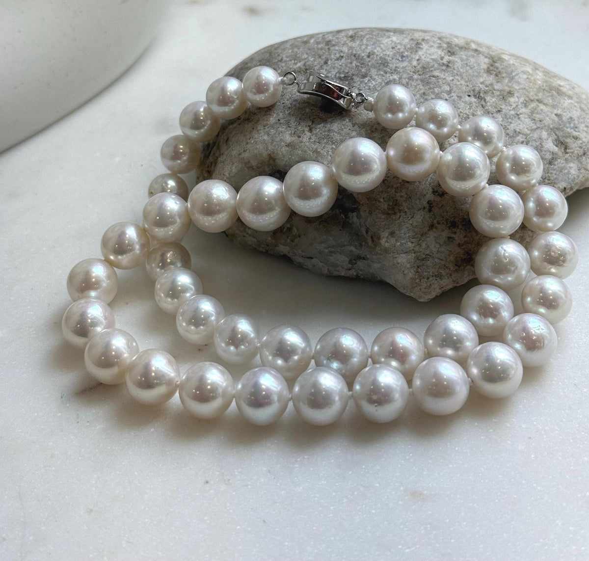 Elly’s 43pcs White Edison Pearls Necklace Strand: Extreme luster, 9.2-12mm, 19.3”, S925 silver necklace. daily office Edison white pearls necklace strand for her birthday