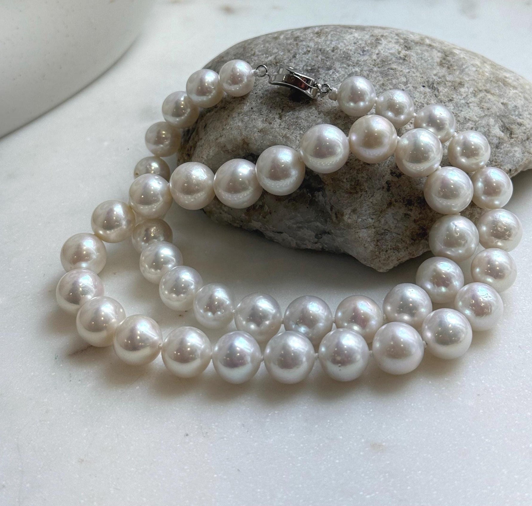 Elly’s 43pcs White Edison Pearls Necklace Strand: Extreme luster, 9.2-12mm, 19.3”, S925 silver necklace. daily office Edison white pearls necklace strand for her birthday