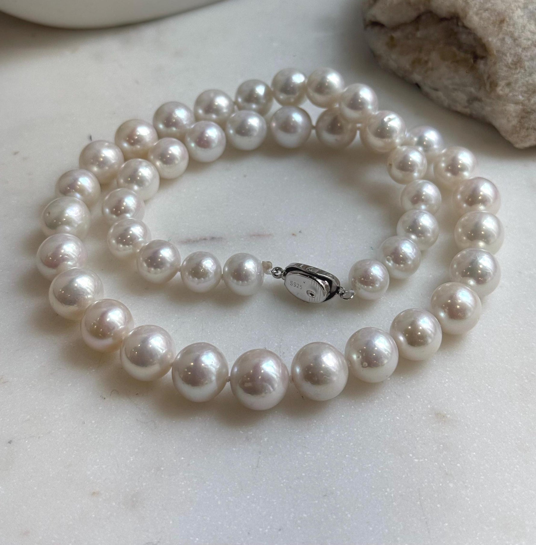 Elly’s 43pcs White Edison Pearls Necklace Strand: Extreme luster, 9.2-12mm, 19.3”, S925 silver necklace. daily office Edison white pearls necklace strand for her birthday