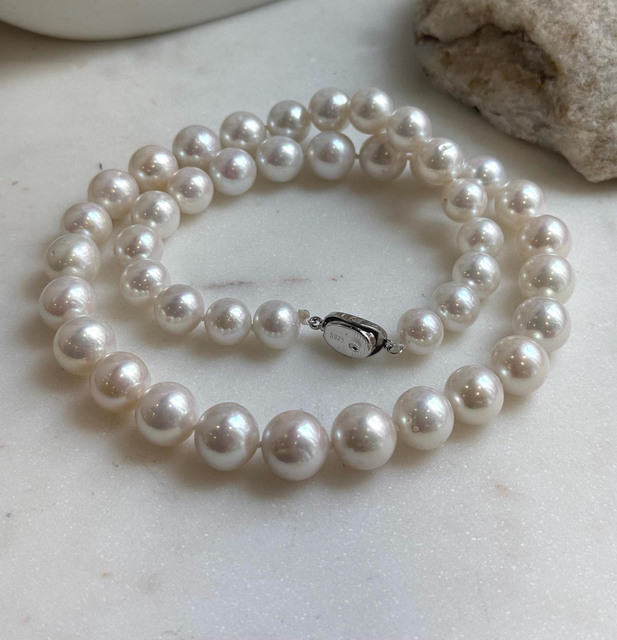 Elly’s 43pcs White Edison Pearls Necklace Strand: Extreme luster, 9.2-12mm, 19.3”, S925 silver necklace. daily office Edison white pearls necklace strand for her Mother’s Day gift