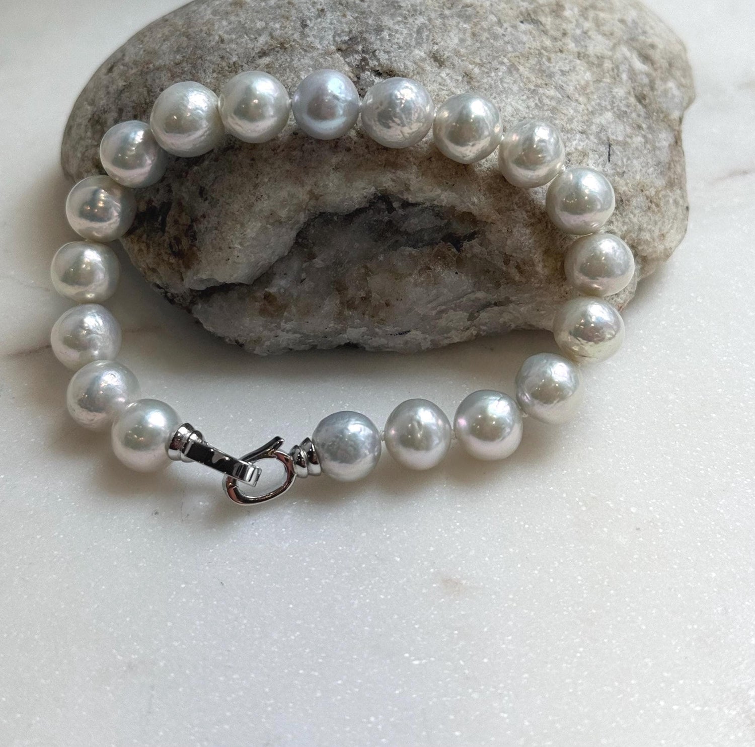 Elly’s 9.1-9.9mm Natural Ivory Pop Crinkle Pearls Bracelet: Extreme luster mirrored, knotted, S925 silver Bracelet. gift for her birthday