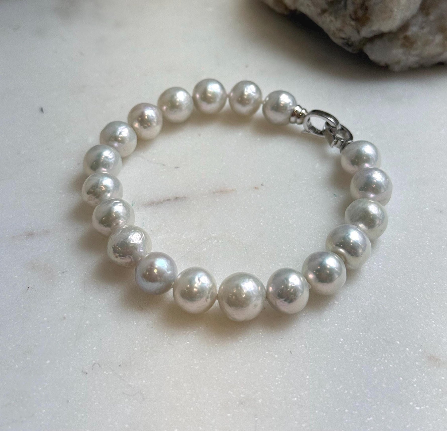 Elly’s 9.1-9.9mm Natural Ivory Pop Crinkle Pearls Bracelet: Extreme luster mirrored, knotted, S925 silver Bracelet. gift for her birthday