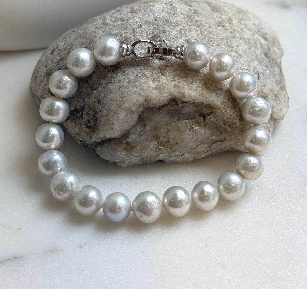 Elly’s 9.1-9.9mm Natural Ivory Pop Crinkle Pearls Bracelet: Extreme luster mirrored, knotted, S925 silver Bracelet. gift for her birthday