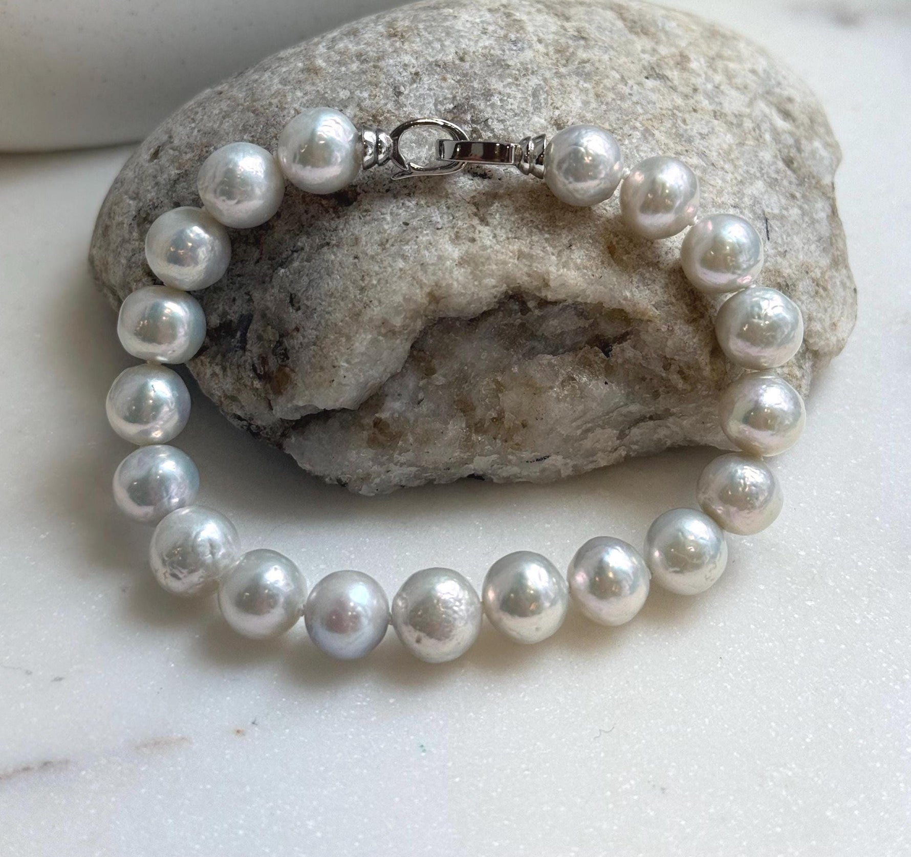 Elly’s 9.1-9.9mm Natural Ivory Pop Crinkle Pearls Bracelet: Extreme luster mirrored, knotted, S925 silver Bracelet. gift for her birthday