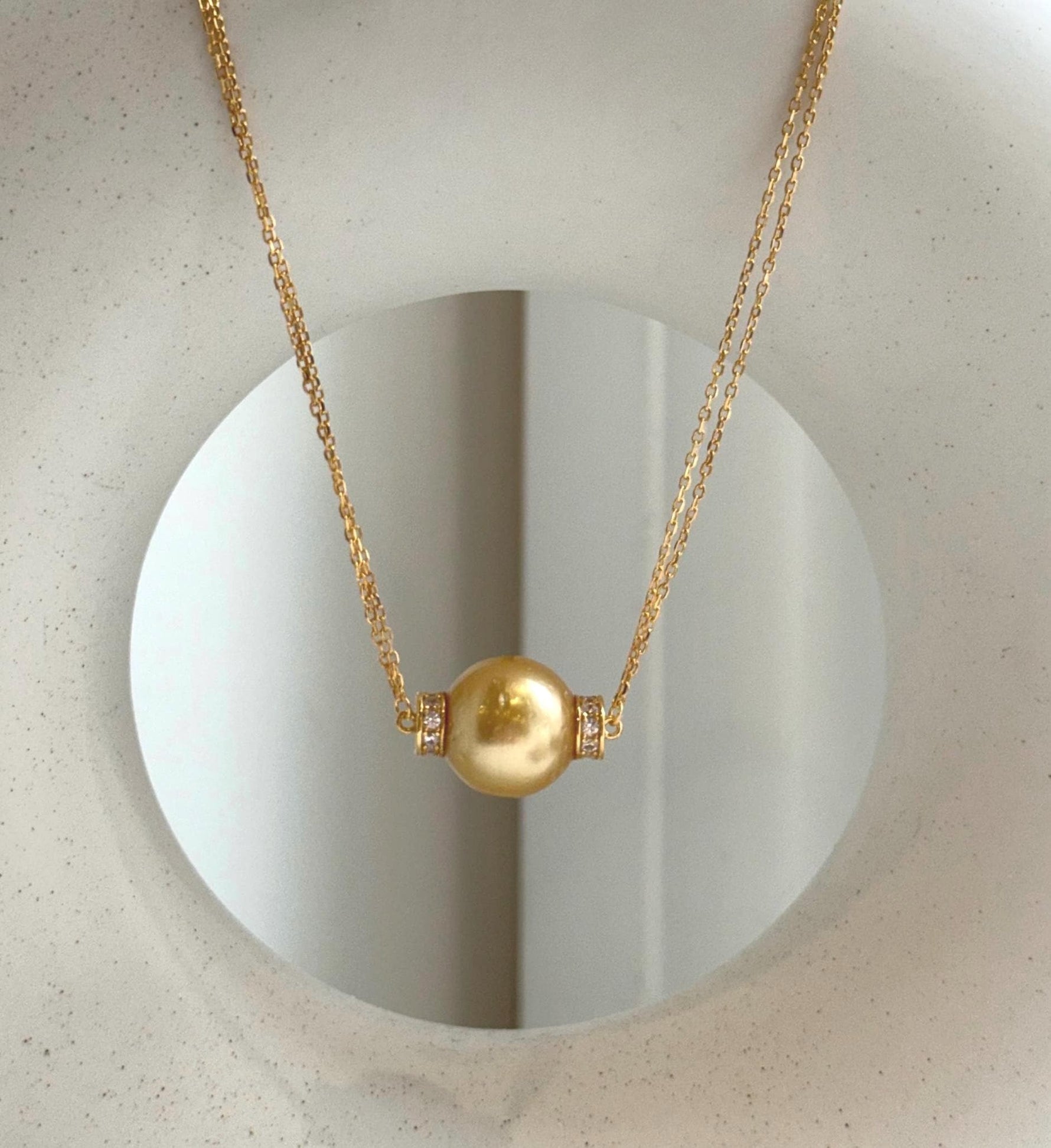 Elly’s 13.3mm South Sea deep golden Ocean Pearl Necklace set: Extreme luster mirrored, S925 silver chain set. To 19.1”. high quality south sea golden pearl fancy pendant necklace set for her