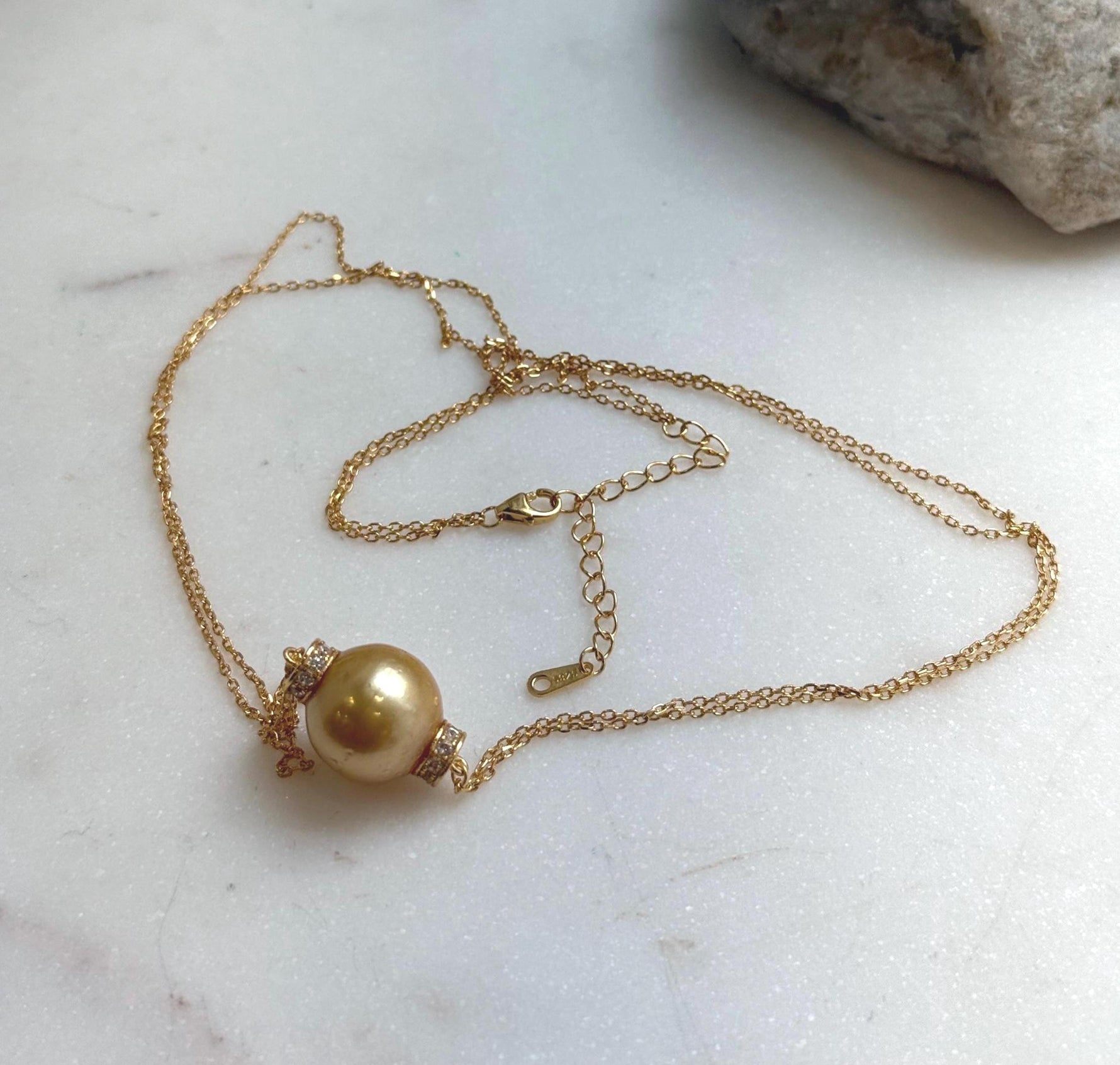 Elly’s 13.3mm South Sea deep golden Ocean Pearl Necklace set: Extreme luster mirrored, S925 silver chain set. To 19.1”. high quality south sea golden pearl fancy pendant necklace set for her anniversary