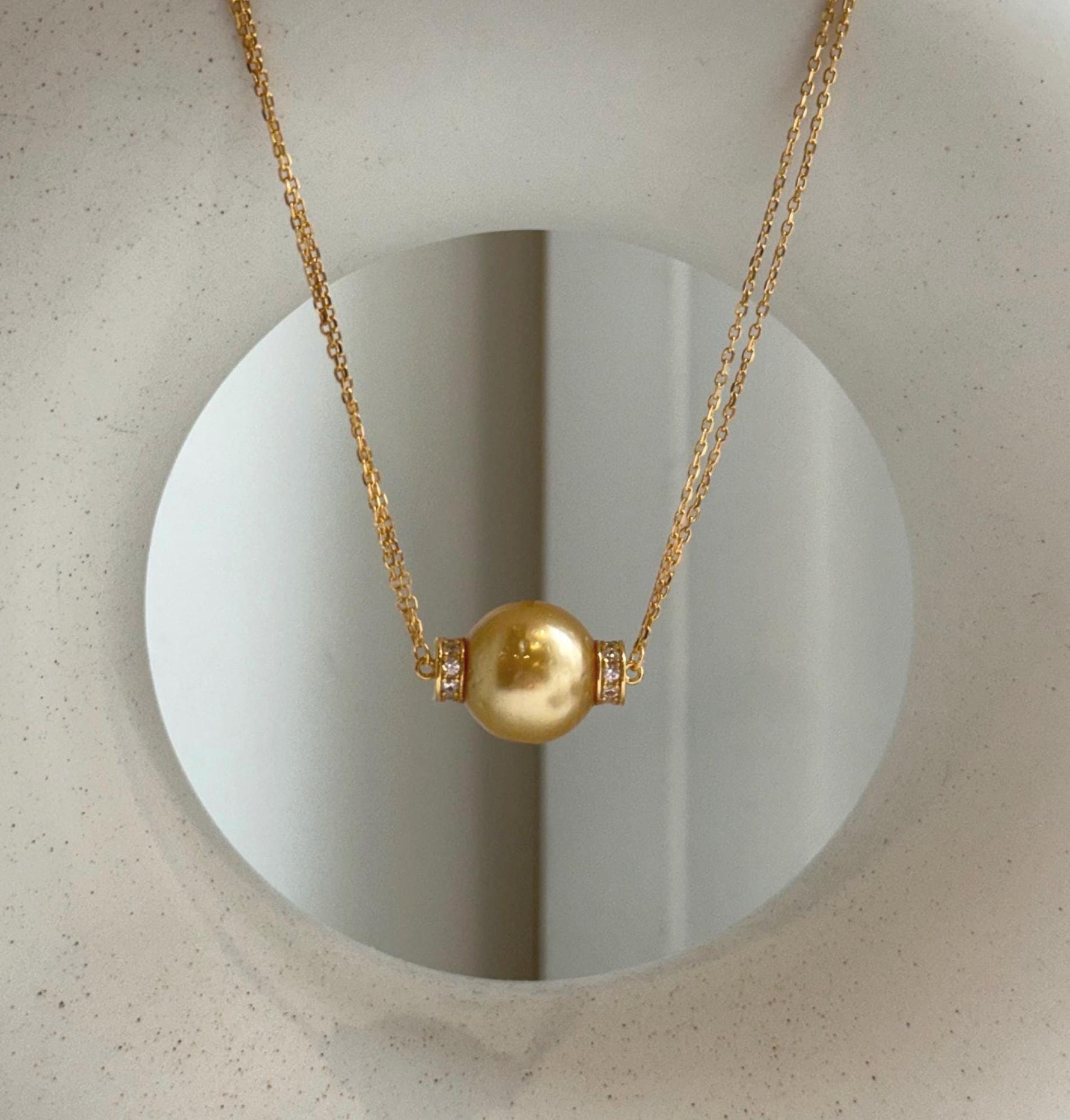 Elly’s 13.3mm South Sea deep golden Ocean Pearl Necklace set: Extreme luster mirrored, S925 silver chain set. To 19.1”. high quality south sea golden pearl fancy pendant necklace set for her graduation