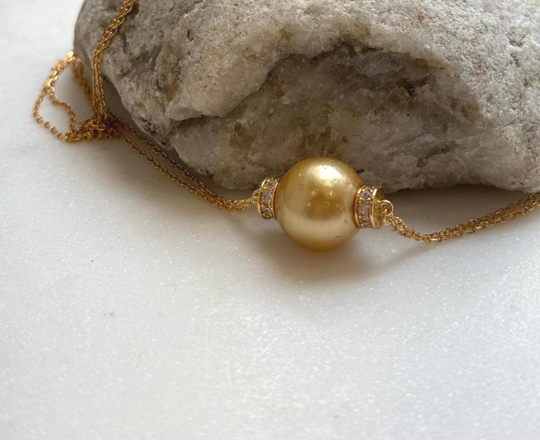 Elly’s 13.3mm South Sea deep golden Ocean Pearl Necklace set: Extreme luster mirrored, S925 silver chain set. To 19.1”. high quality south sea golden pearl fancy pendant necklace set for her