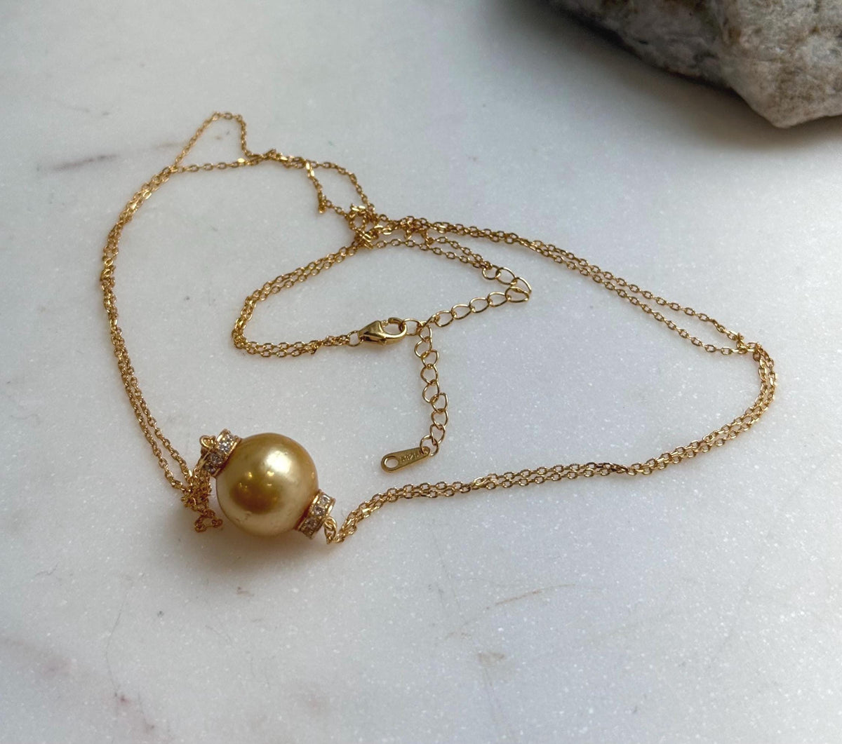 Elly’s 13.3mm South Sea deep golden Ocean Pearl Necklace set: Extreme luster mirrored, S925 silver chain set. To 19.1”. high quality south sea golden pearl fancy pendant necklace set for her