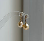 Elly’s 12.1mm Genius South sea golden ocean Pearls Earrings: Extreme luster mirrored,2.9cm high, S925 silver earrings chandeliers. high quality elegant gold pearl earrings for her