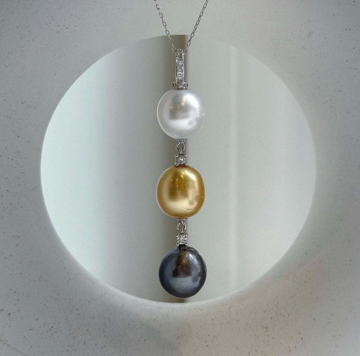 Tri 12.6-12.7mm South sea golden Tahitian Australian White pearls pendant: Extreme luster mirrored, 6.2cm high, S925 silver necklace set.