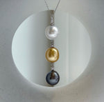 Tri 12.6-12.7mm South sea golden Tahitian Australian White pearls pendant: Extreme luster mirrored, 6.2cm high, S925 silver necklace set.