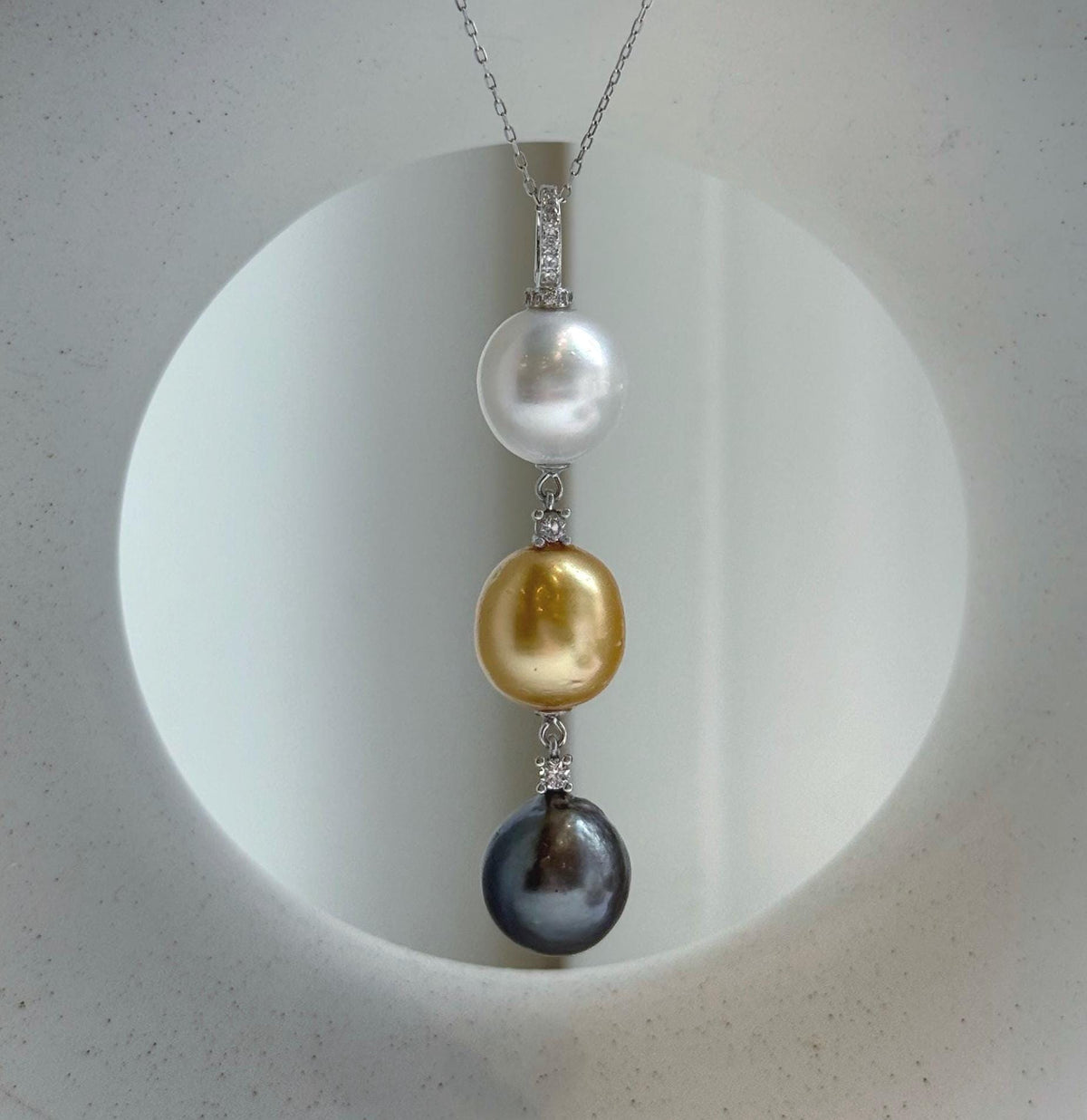 Tri 12.6-12.7mm South sea golden Tahitian Australian White pearls pendant: Extreme luster mirrored, 6.2cm high, S925 silver necklace set. daily office colored ocean pearl pendant for her