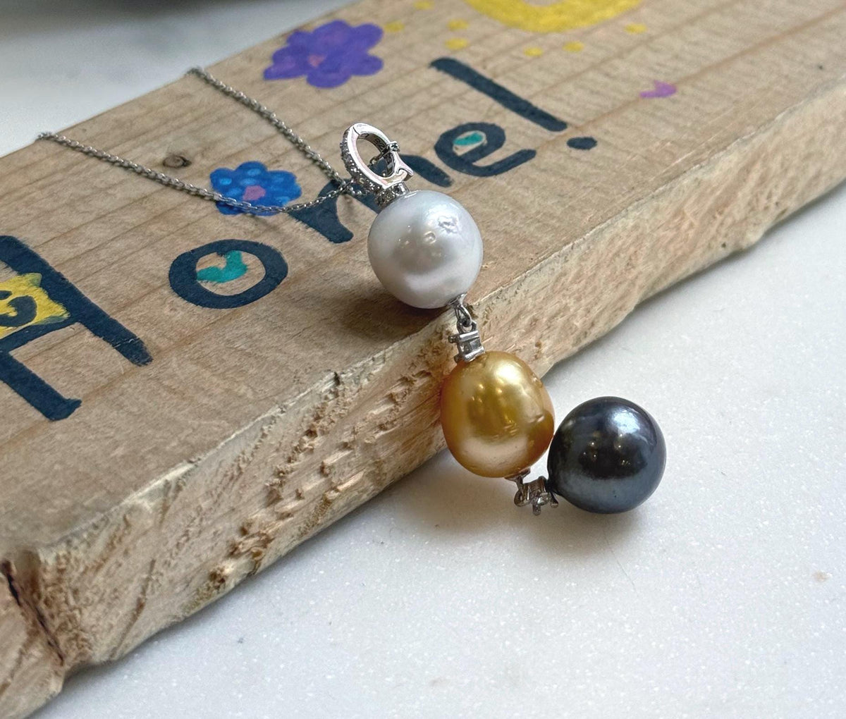 Tri 12.6-12.7mm South sea golden Tahitian Australian White pearls pendant: Extreme luster mirrored, 6.2cm high, S925 silver necklace set. daily office colored ocean pearl pendant for her birthday