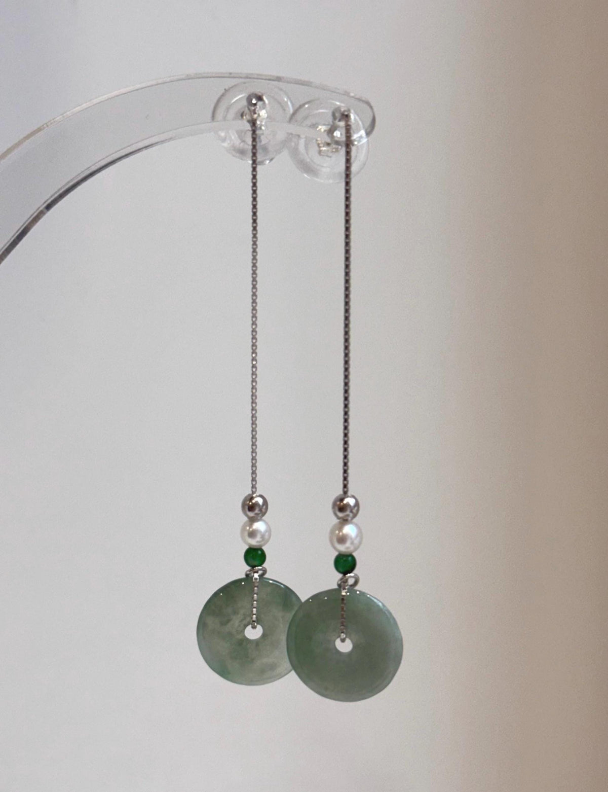 Elly’s Genius Jade white Pearls S925 silver earrings Chandeliers, 13mm, 6.6cm high.
