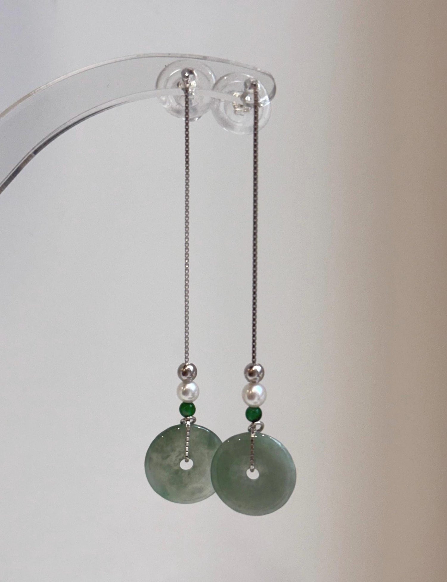 Elly’s Genius Jade white Pearls S925 silver earrings Chandeliers, 13mm, 6.6cm high.