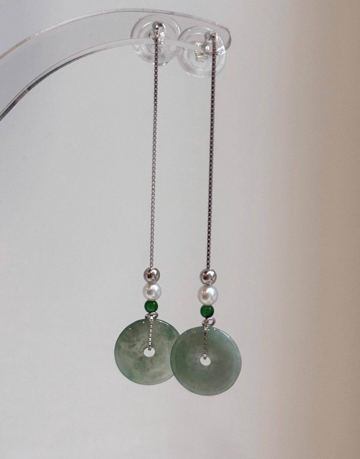 Elly’s Genius Jade white Pearls S925 silver earrings Chandeliers, 13mm, 6.6cm high.