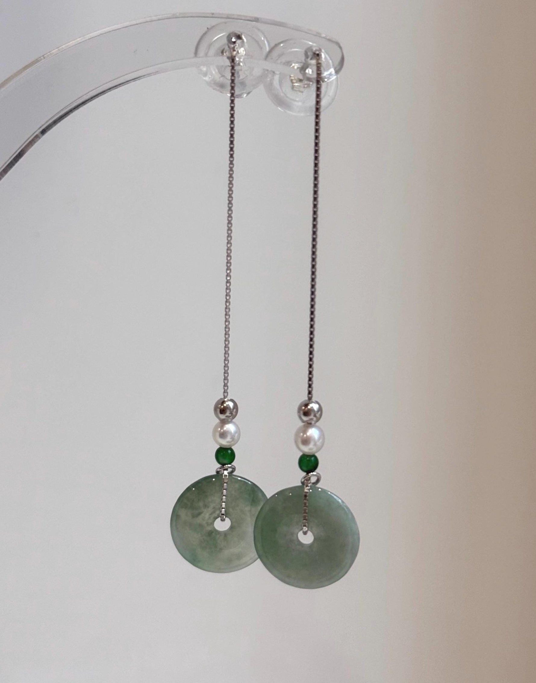 Elly’s Genius Jade white Pearls S925 silver earrings Chandeliers, 13mm, 6.6cm high.