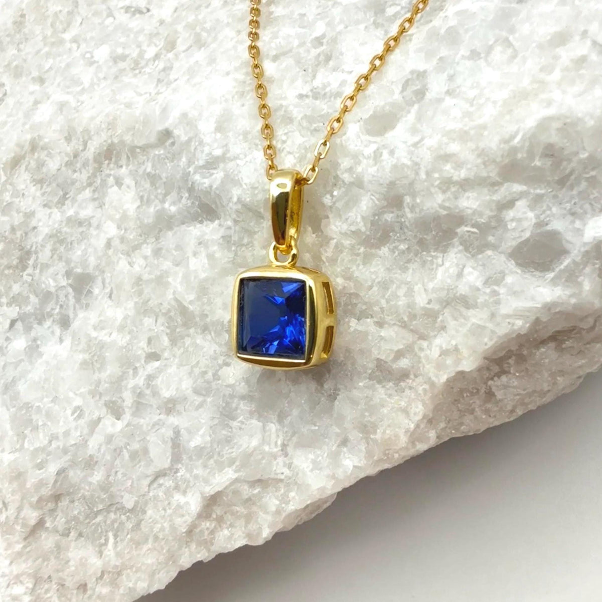 Bezel Princess Cut Lab Sapphire Necklace | 1.2 CT Royal Blue Brilliant Cut Sapphire Solitaire Pendant | Solid S925 Silver Minimalist Jewelry