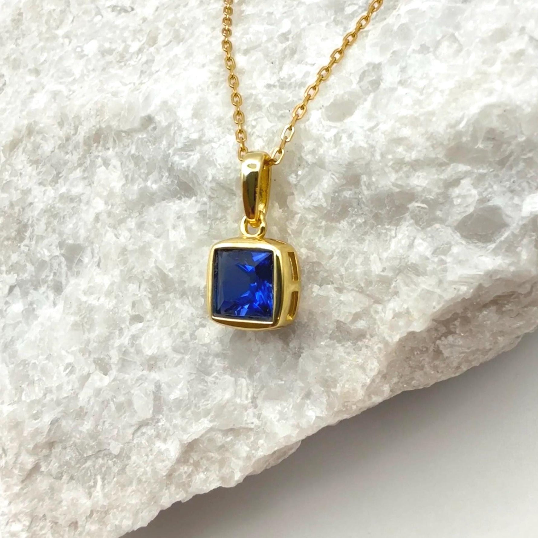 Bezel Princess Cut Lab Sapphire Necklace | 1.2 CT Royal Blue Brilliant Cut Sapphire Solitaire Pendant | Solid S925 Silver Minimalist Jewelry