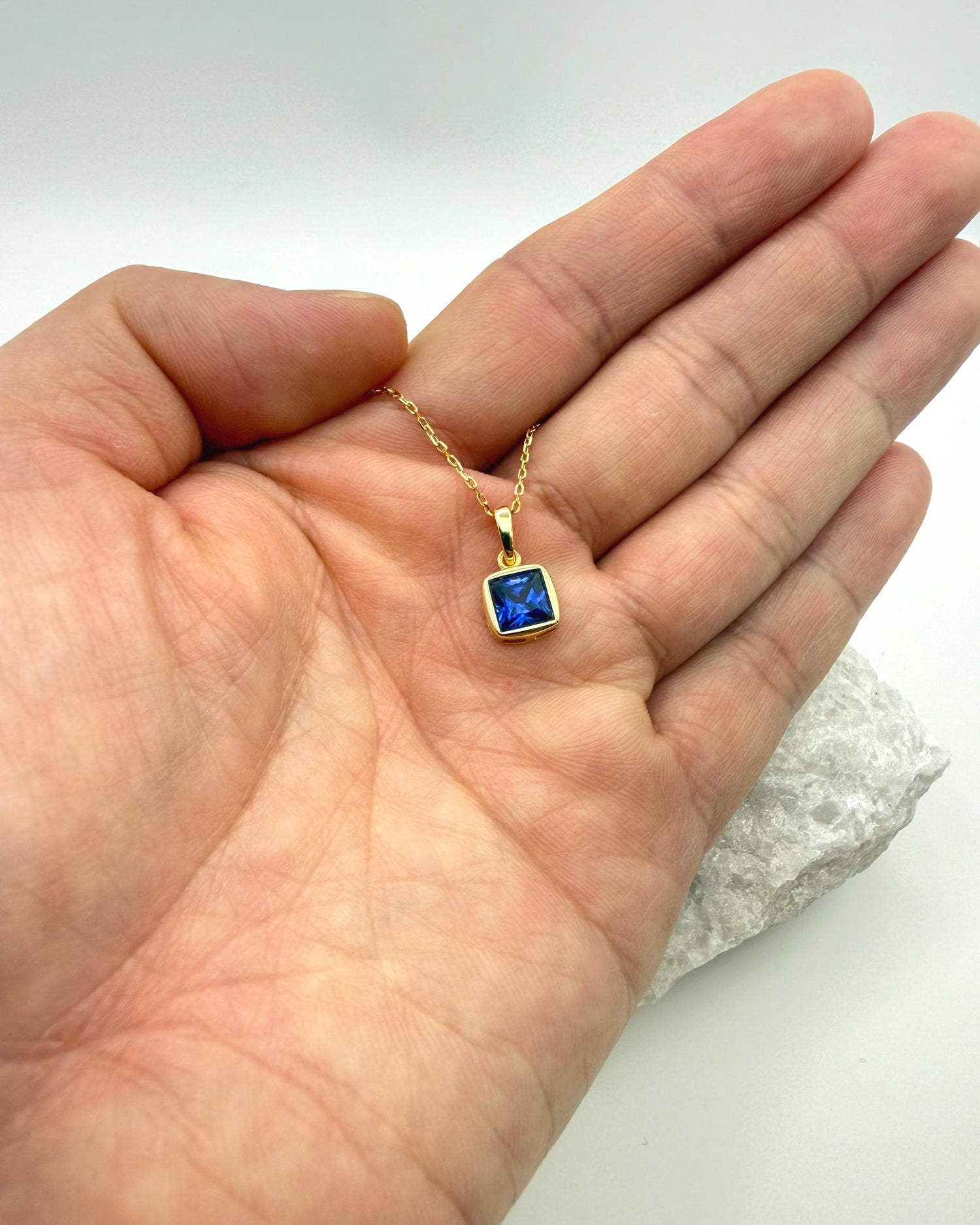 Bezel Princess Cut Lab Sapphire Necklace | 1.2 CT Royal Blue Brilliant Cut Sapphire Solitaire Pendant | Solid S925 Silver Minimalist Jewelry
