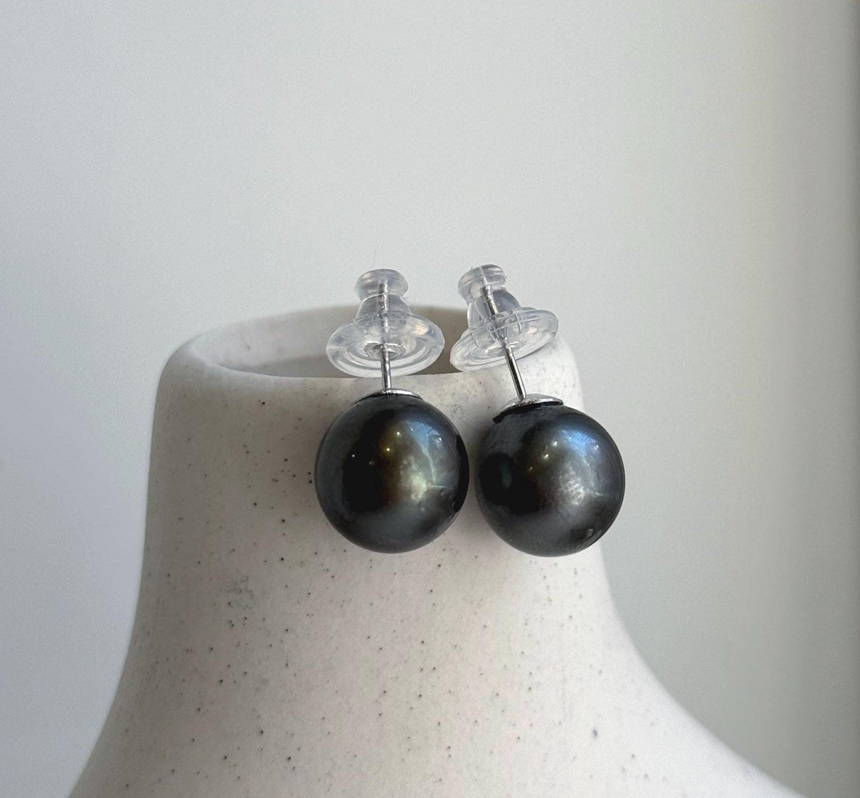Elly’s 12.3mm Tahitian Black Platinum ocean Pearls Earrings Studs: Extreme luster Mirrored,S925 silver minimalist earrings. black pearls daily office earrings studs for her birthday