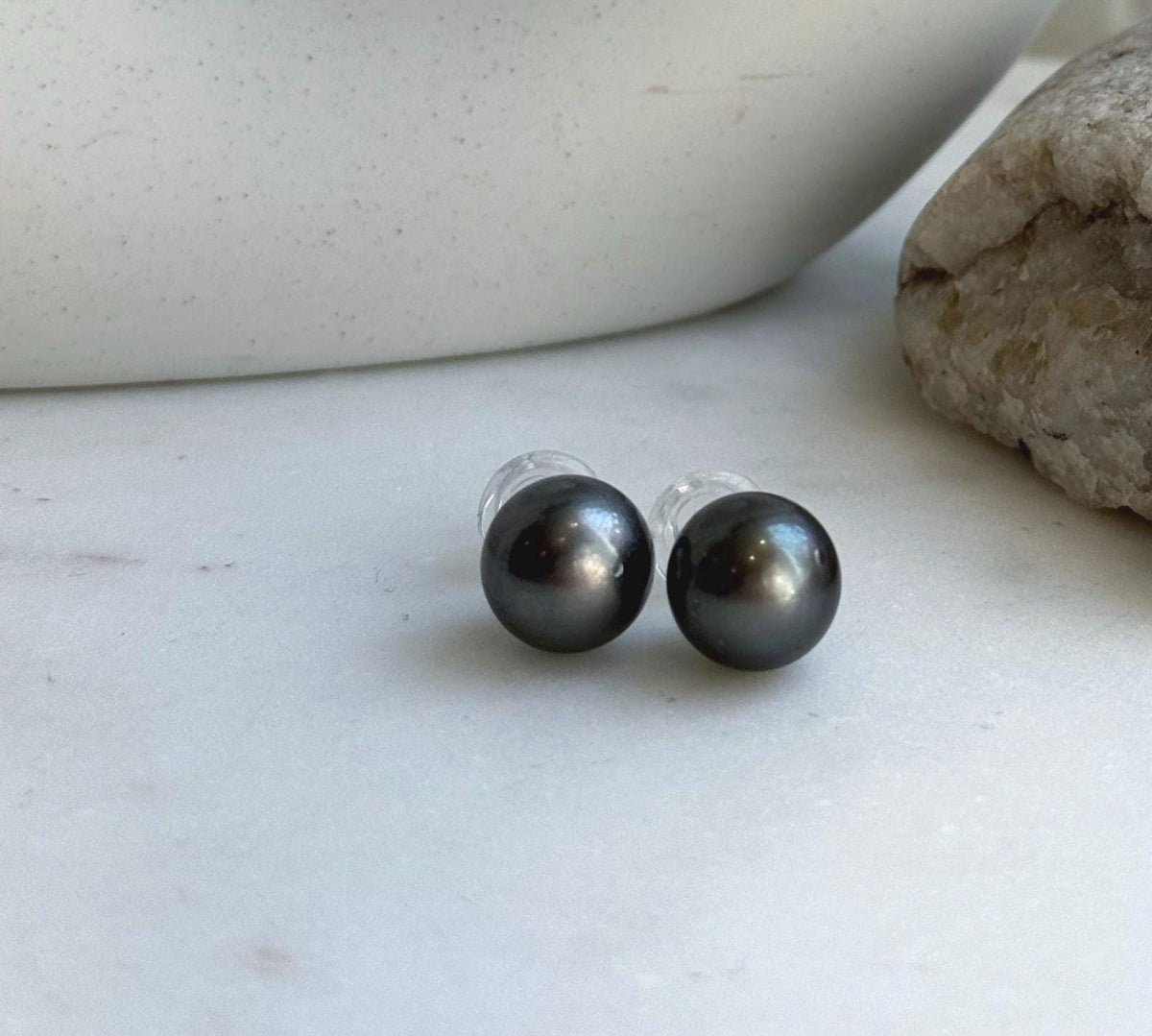 Elly’s 12.3mm Tahitian Black Platinum ocean Pearls Earrings Studs: Extreme luster Mirrored,S925 silver minimalist earrings. black pearls daily office earrings studs for her anniversary
