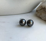 Elly’s 12.3mm Tahitian Black Platinum ocean Pearls Earrings Studs: Extreme luster Mirrored,S925 silver minimalist earrings. black pearls daily office earrings studs for her anniversary