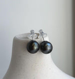 Elly’s 12.3mm Tahitian Black Platinum ocean Pearls Earrings Studs: Extreme luster Mirrored,S925 silver minimalist earrings. black pearls daily office earrings studs for her holiday