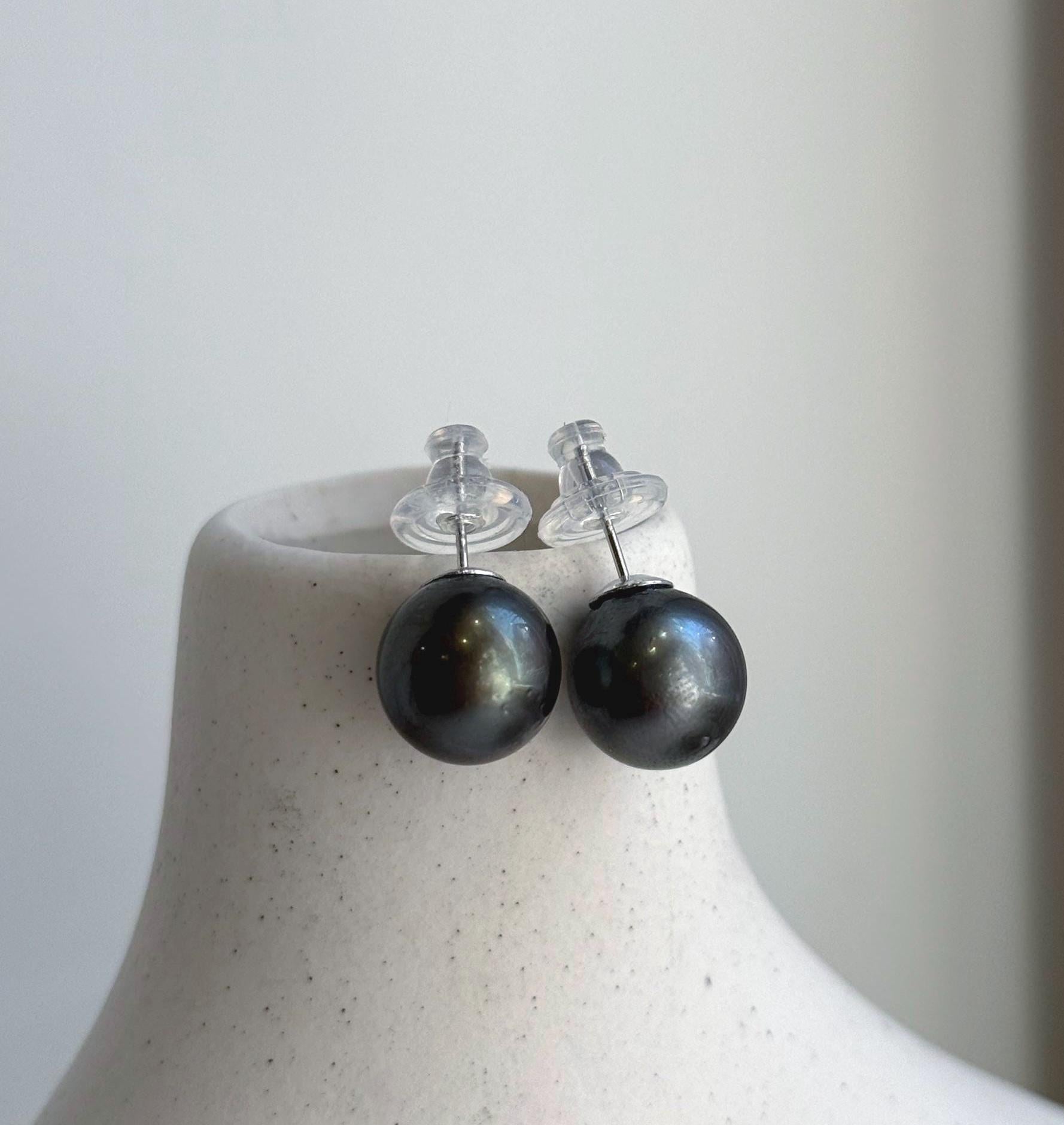 Elly’s 12.3mm Tahitian Black Platinum ocean Pearls Earrings Studs: Extreme luster Mirrored,S925 silver minimalist earrings. black pearls daily office earrings studs for her holiday